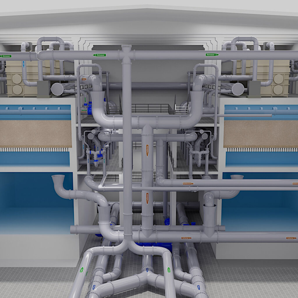 Cutaway visualisation of the Allmendfeld water treatment filter system and pipework