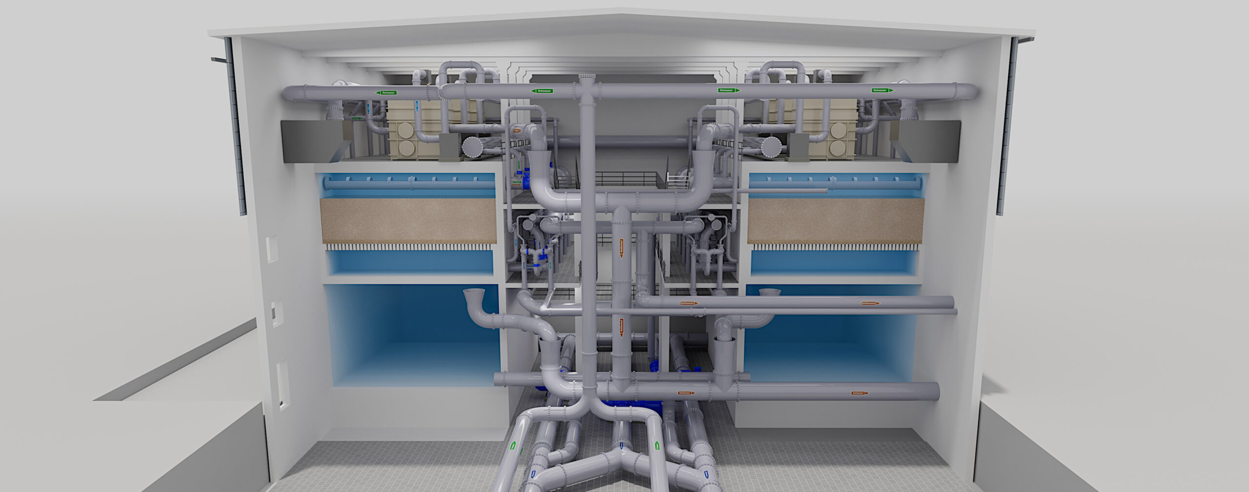 Cutaway visualisation of the Allmendfeld water treatment filter system and pipework