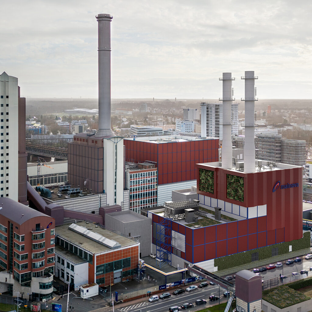 Photomontage of the planned hydrogen-capable gas turbine plant beside the existing HKW West buildings