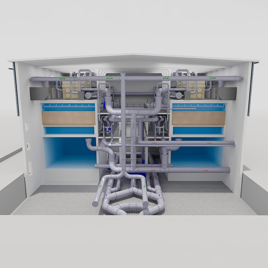 Cutaway visualisation of the Allmendfeld water treatment filter system and pipework