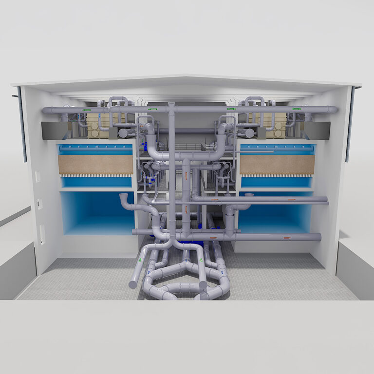 Cutaway visualisation of the Allmendfeld water treatment filter system and pipework