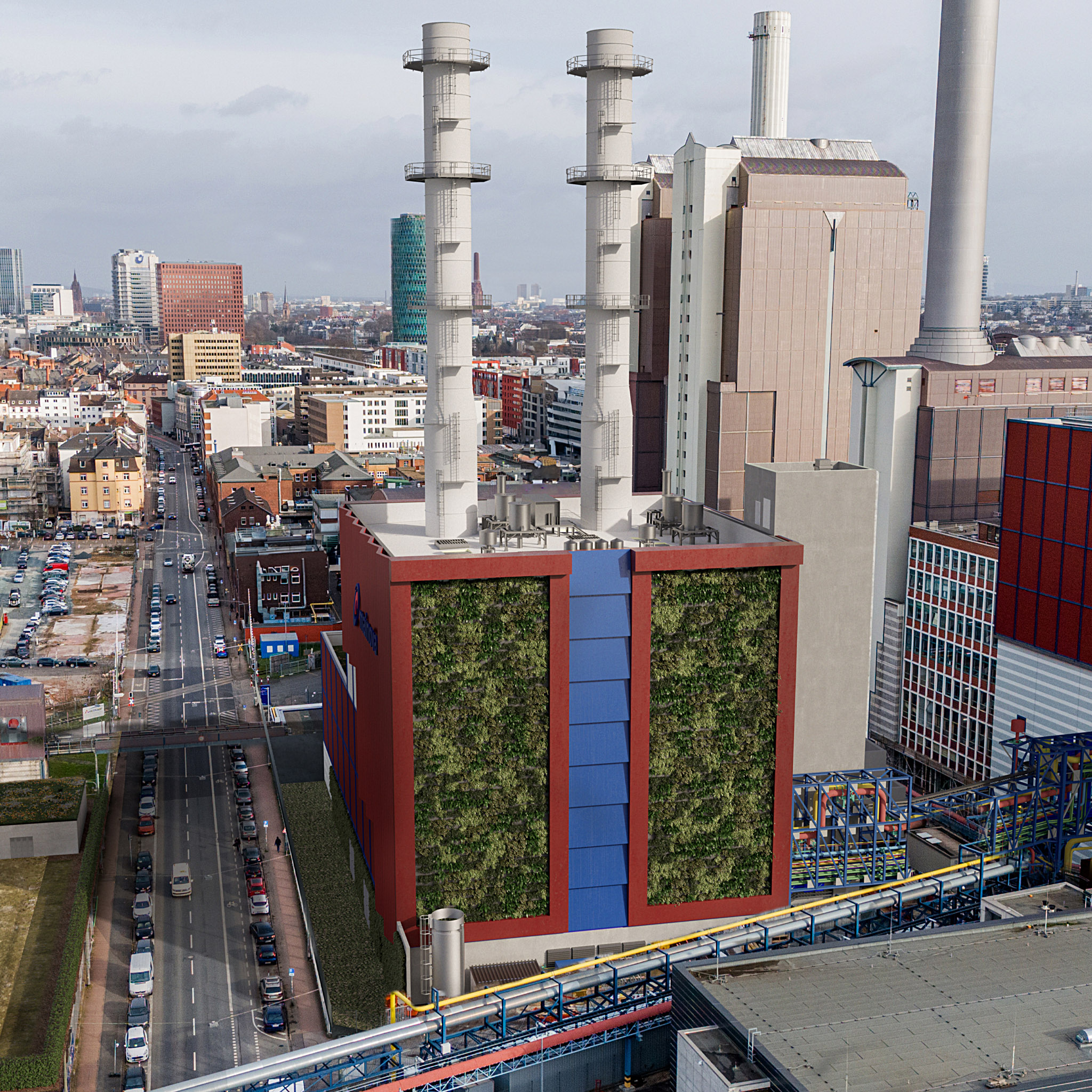 Photomontage of the planned hydrogen-capable gas turbine plant at Mainova HKW West