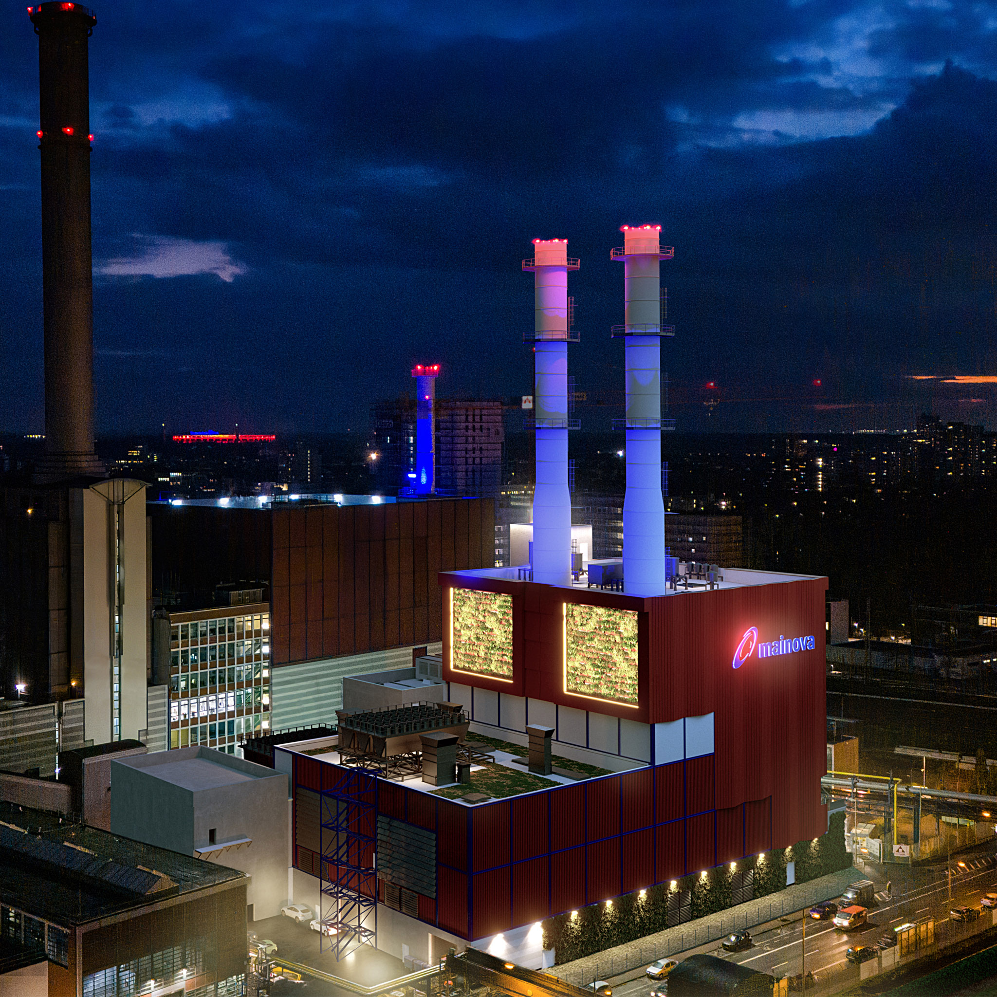Night-time photomontage of the planned hydrogen-capable gas turbine plant at Mainova HKW West