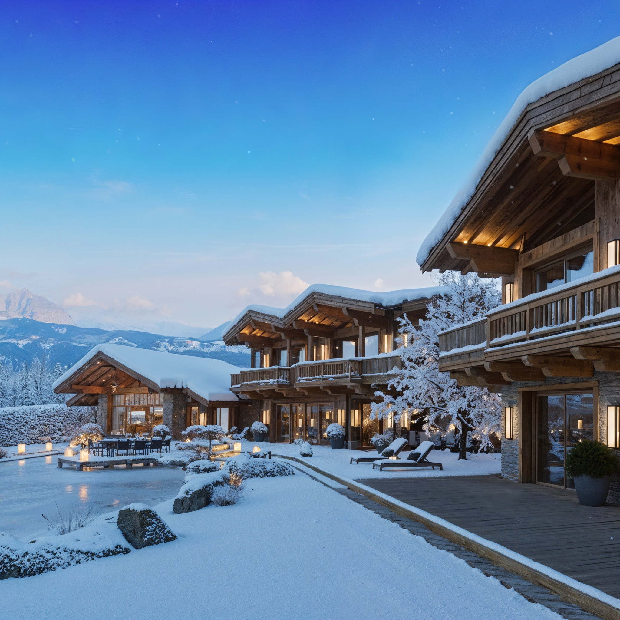 Visualisation of timber chalets in a snowy alpine landscape