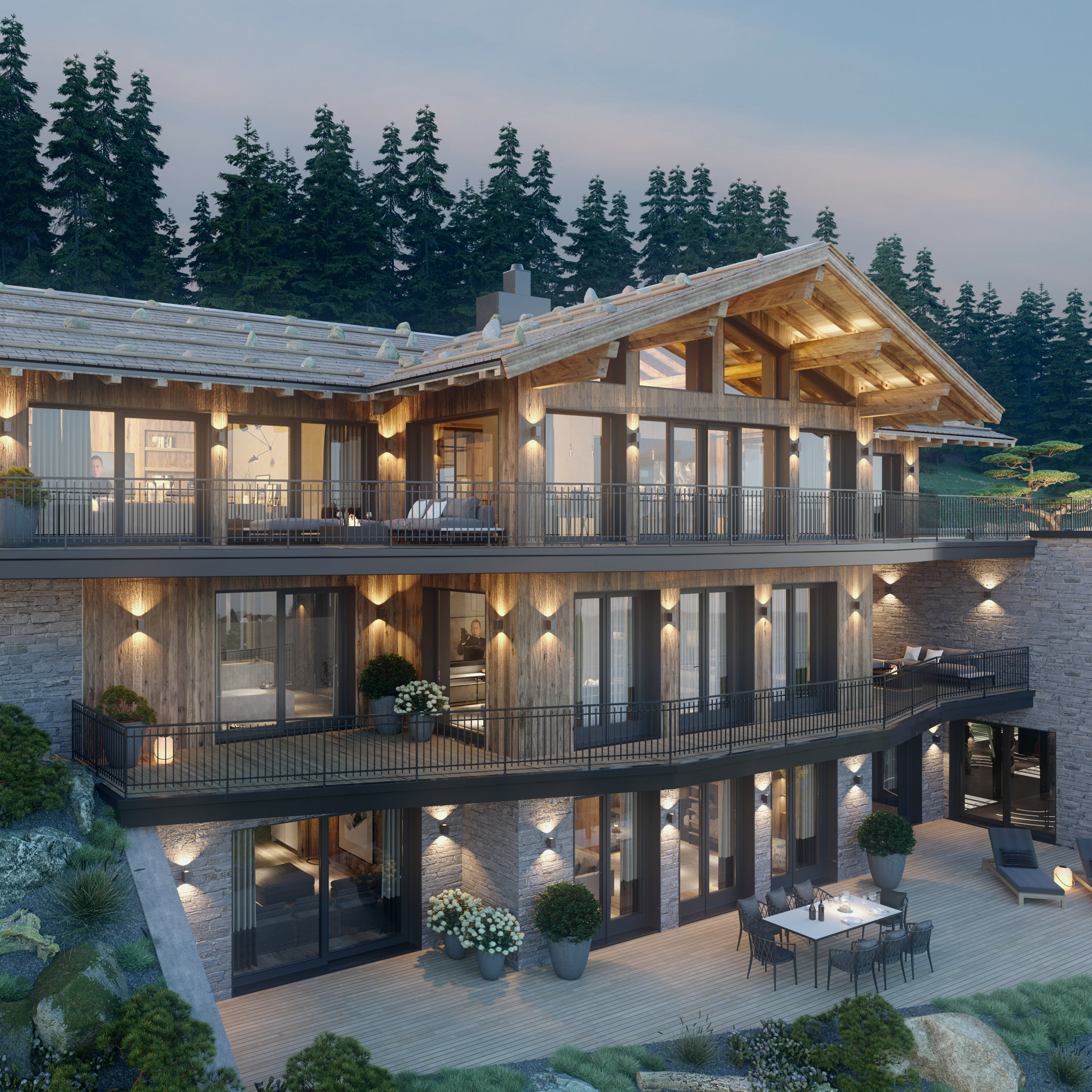 Visualisation of a multi-storey timber and stone chalet at dusk