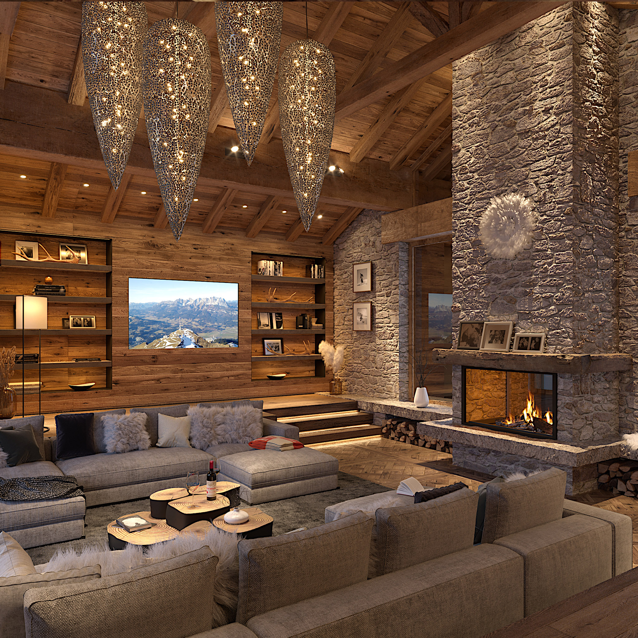 Visualisation of a timber chalet lounge with a large stone fireplace and pendant lights