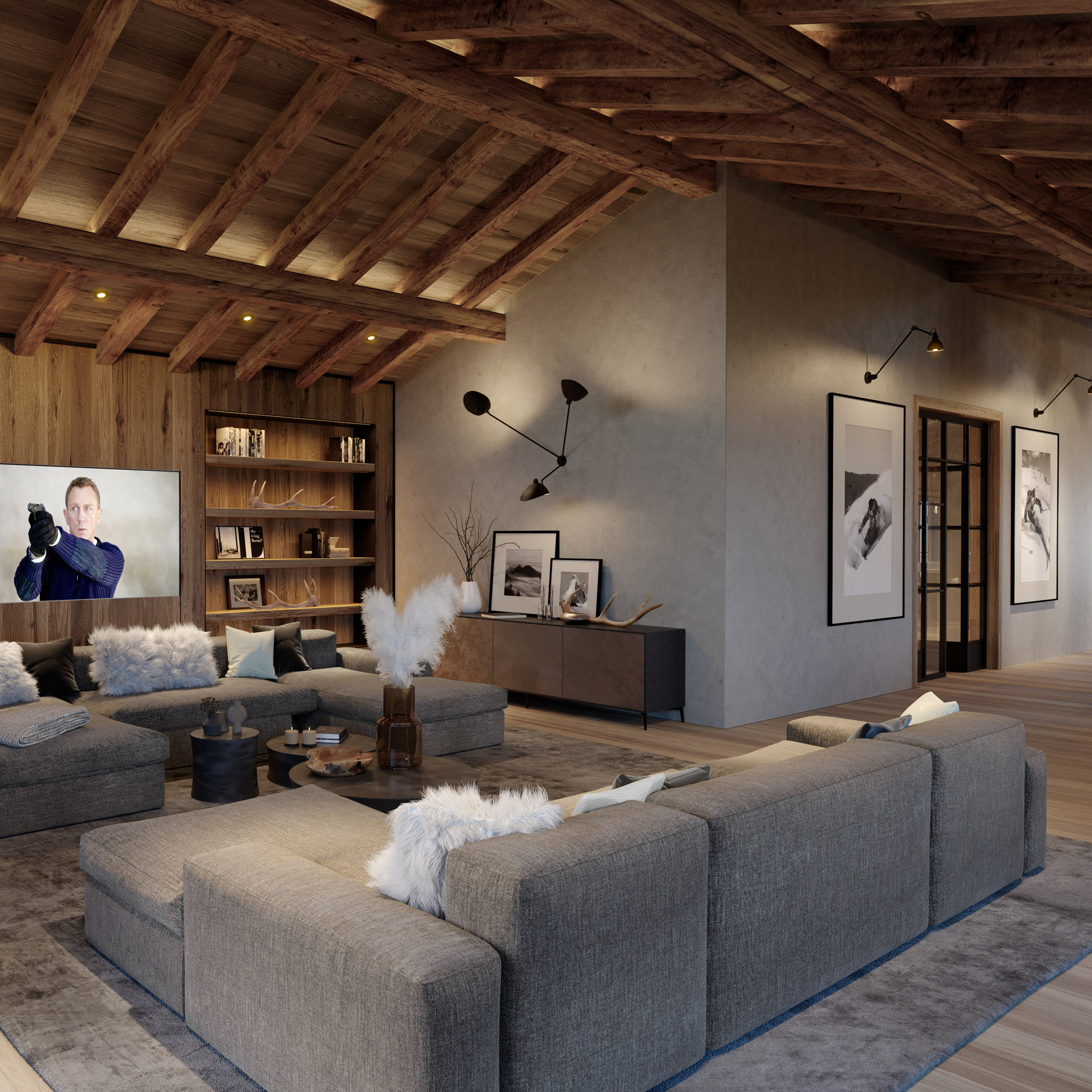 Visualisation of a chalet living room with exposed timber beams and gray seating
