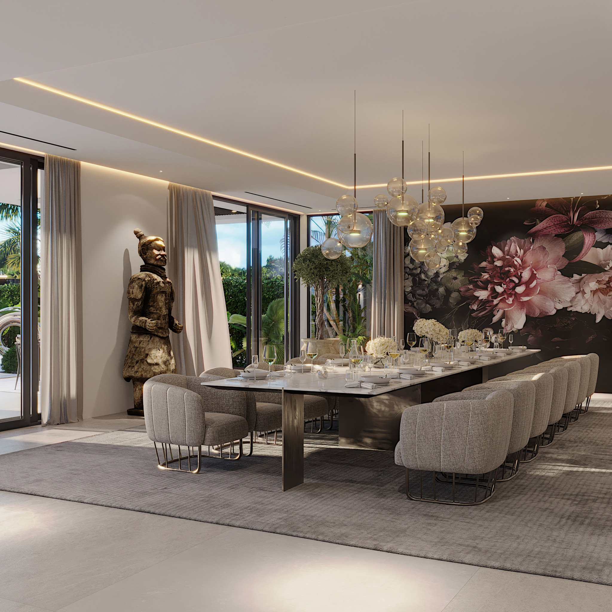 Visualisation of an elegant dining room with a floral mural, pendant lights and large windows