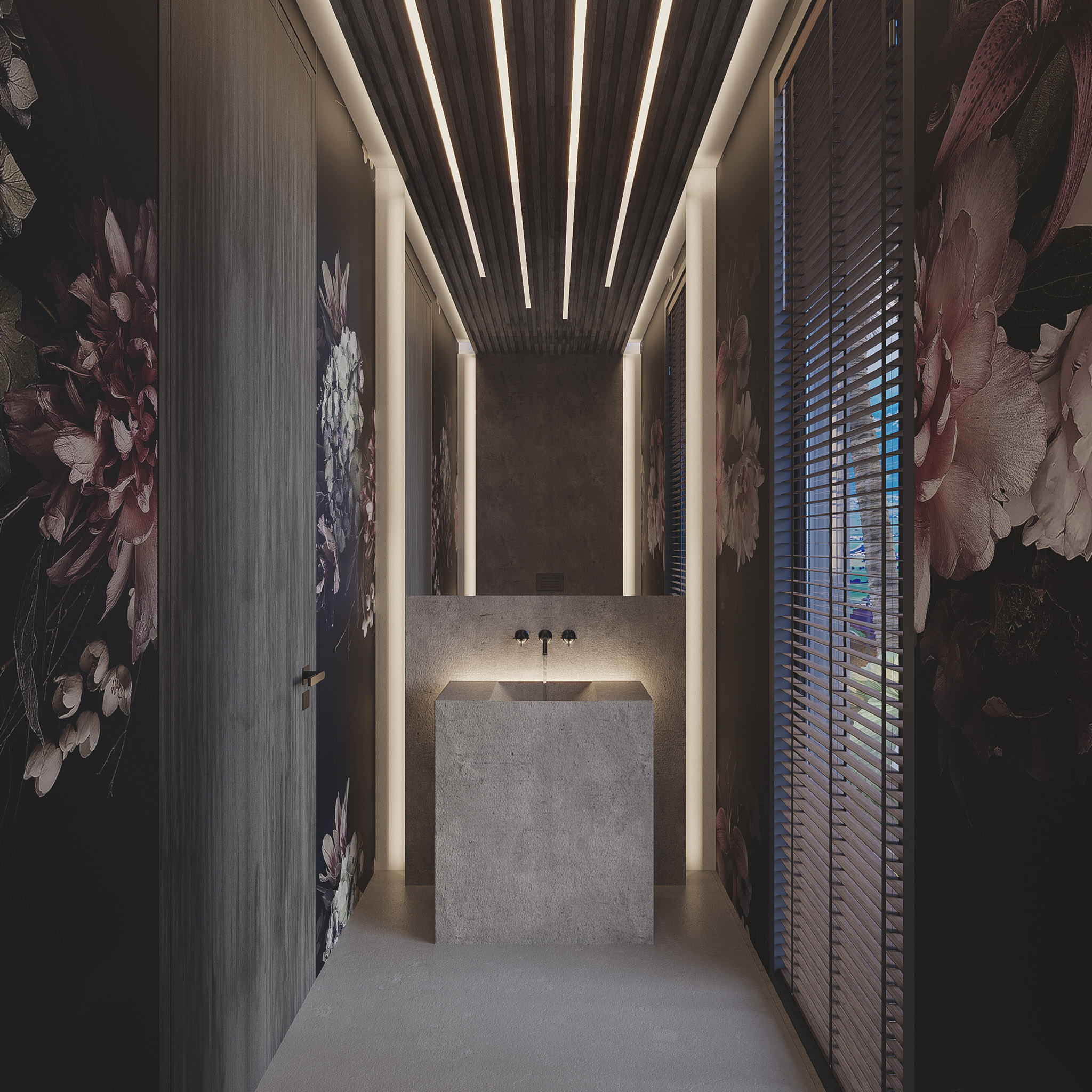 Visualisation of a narrow dark interior with floral walls, linear ceiling lights and a stone basin