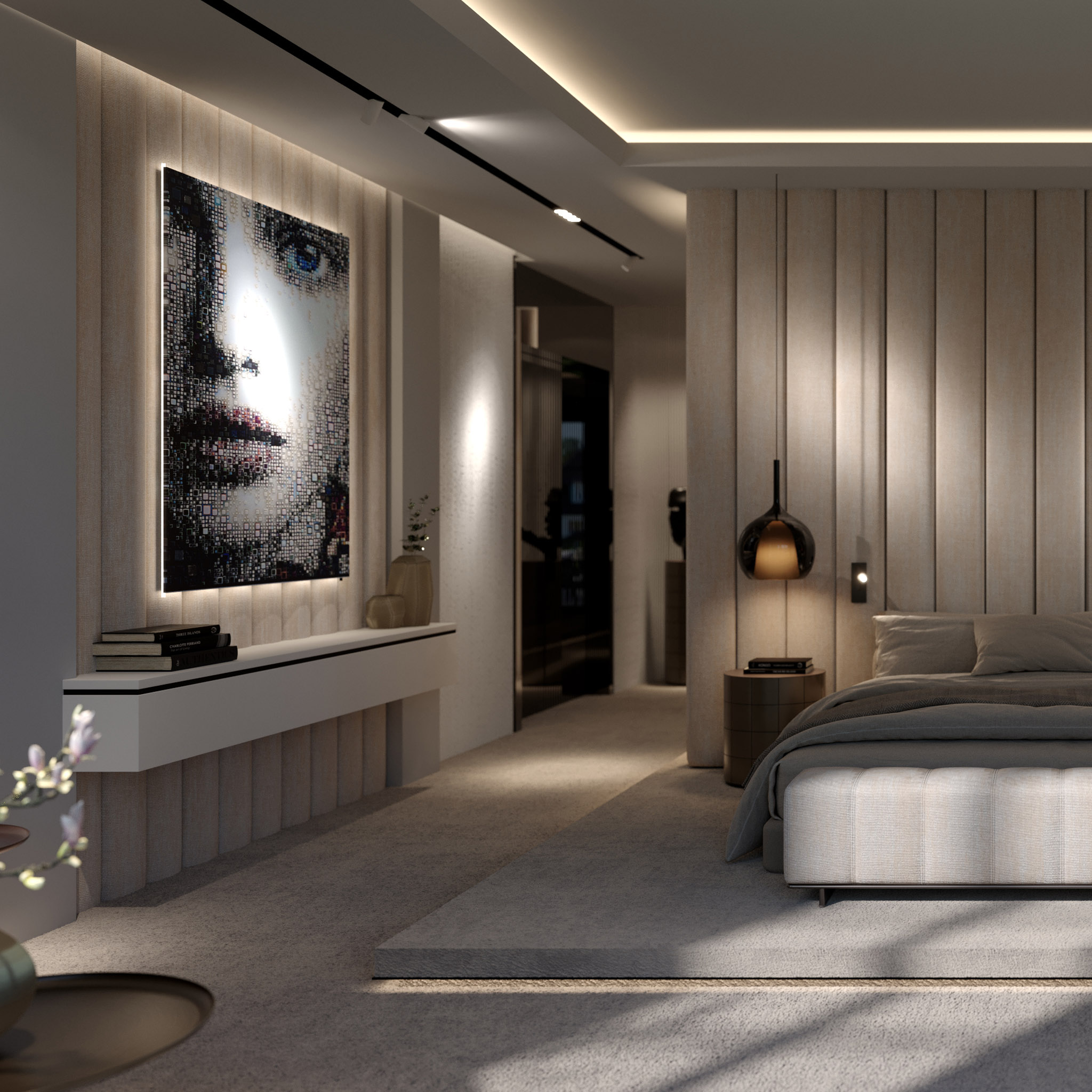 Visualisation of a contemporary gray bedroom with an upholstered wall and integrated lighting