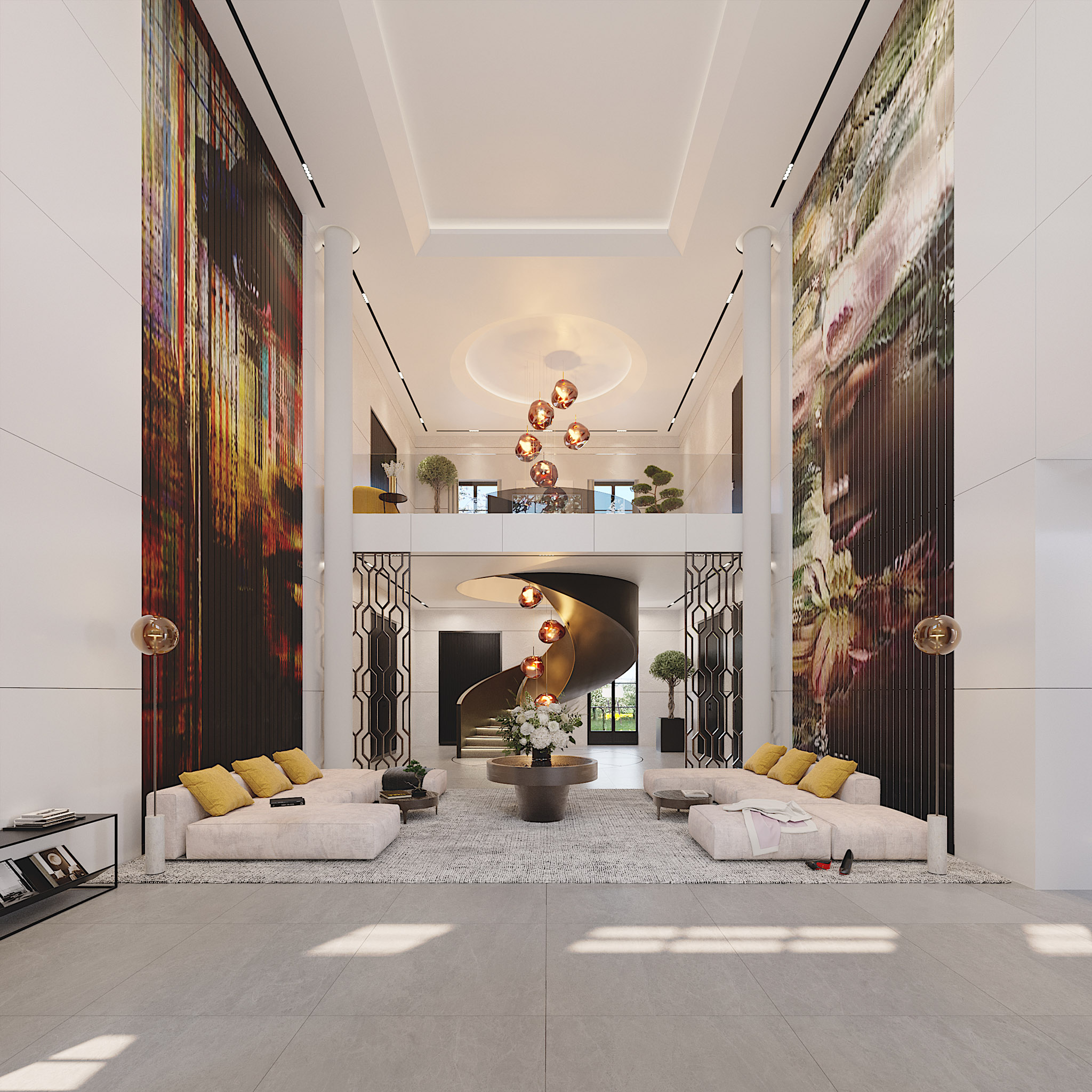 Visualisation of a bright double-height interior with large artworks and a sculptural staircase