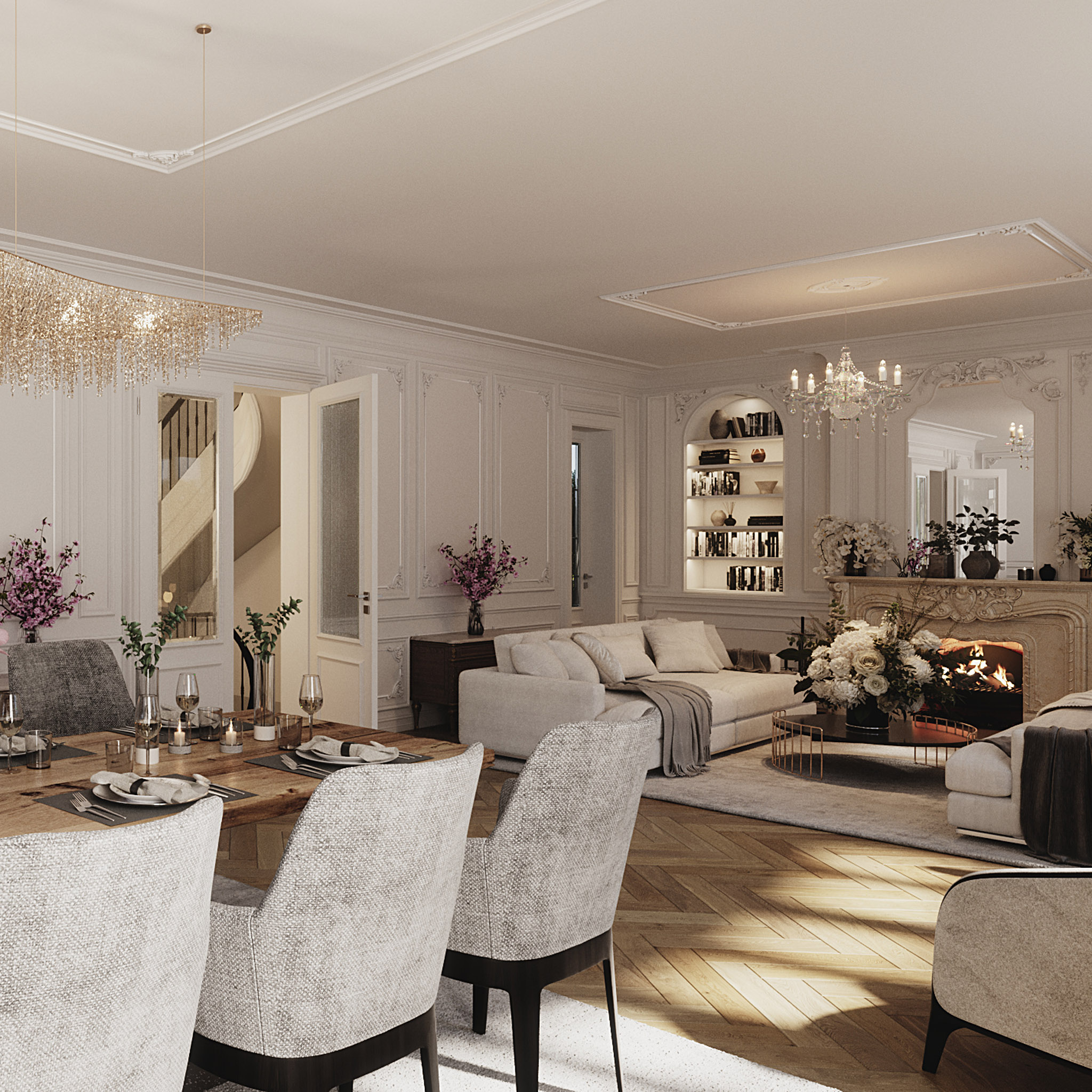 Visualisation of a light-filled living and dining room with pale furnishings and a fireplace