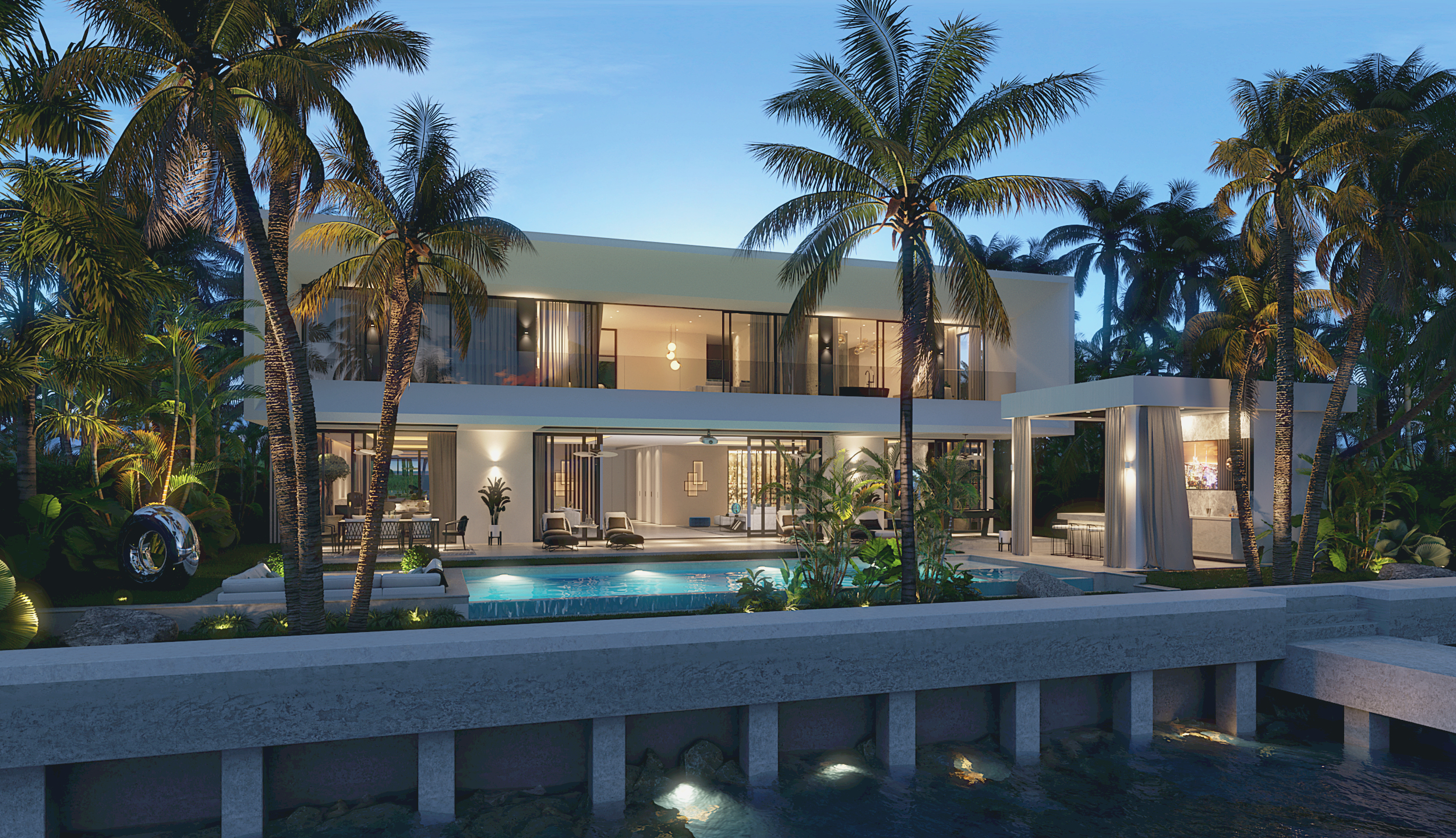 Night-time visualisation of the villa and pool terrace