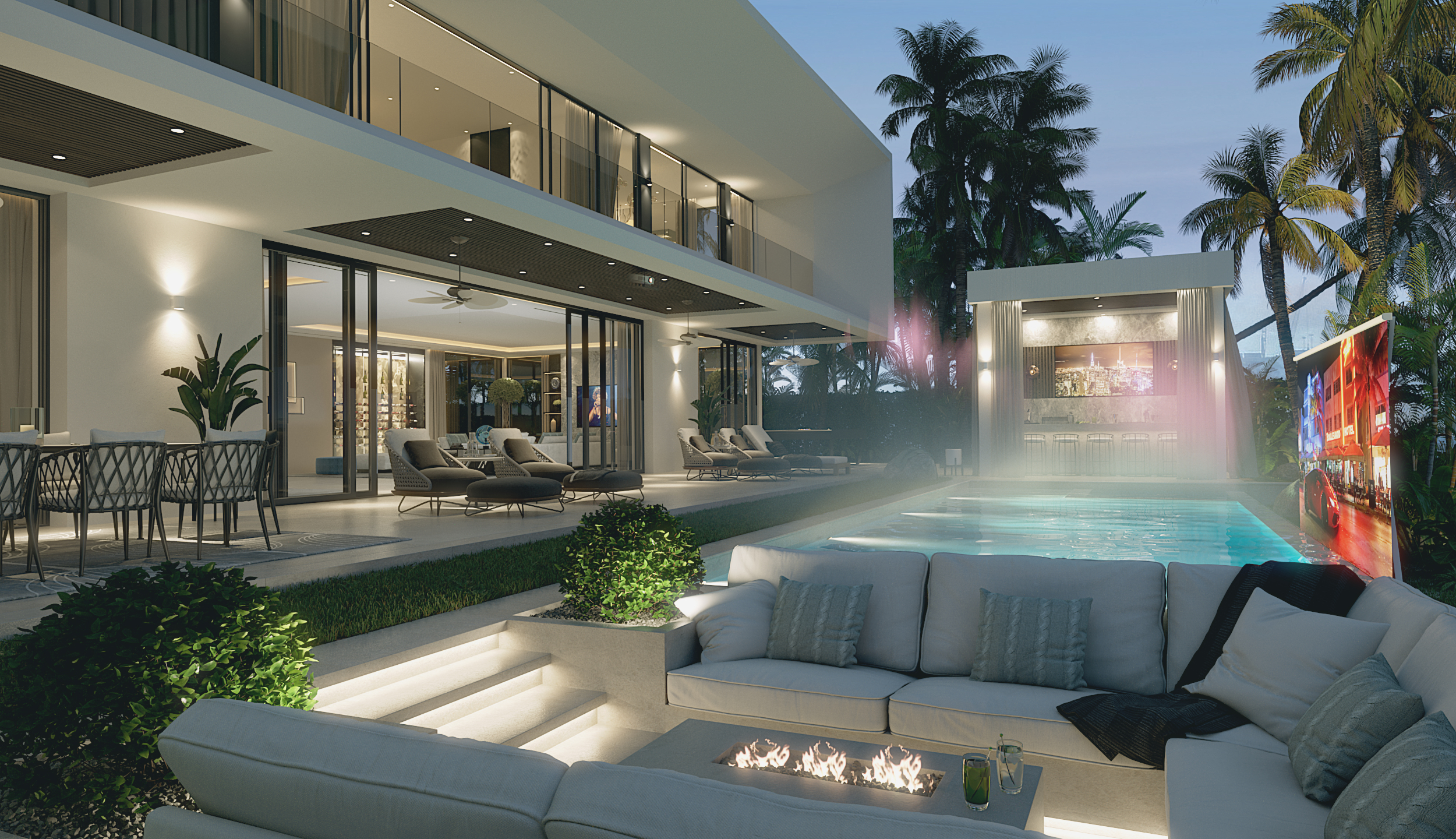 Night-time visualisation of the waterfront villa with pool, dock and Miami skyline