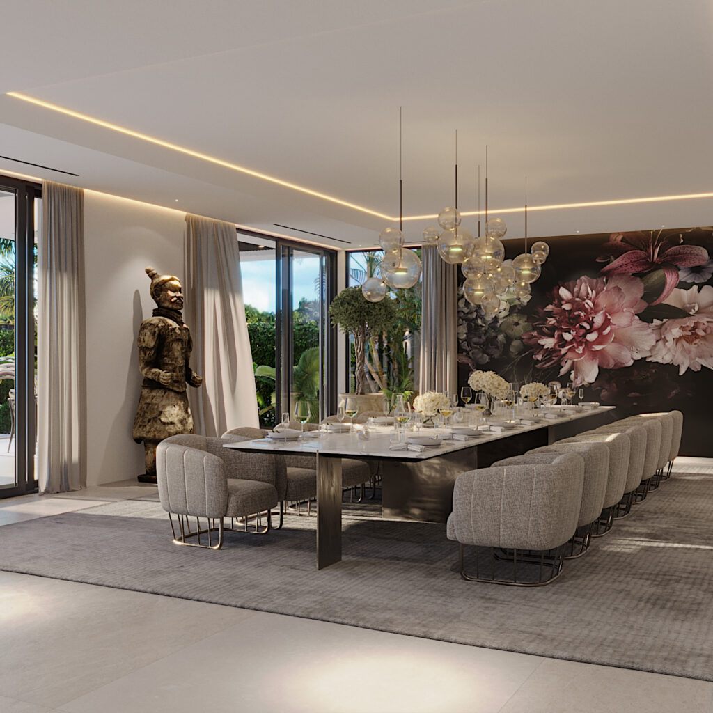 Visualisation of the great room with full-height windows facing the water