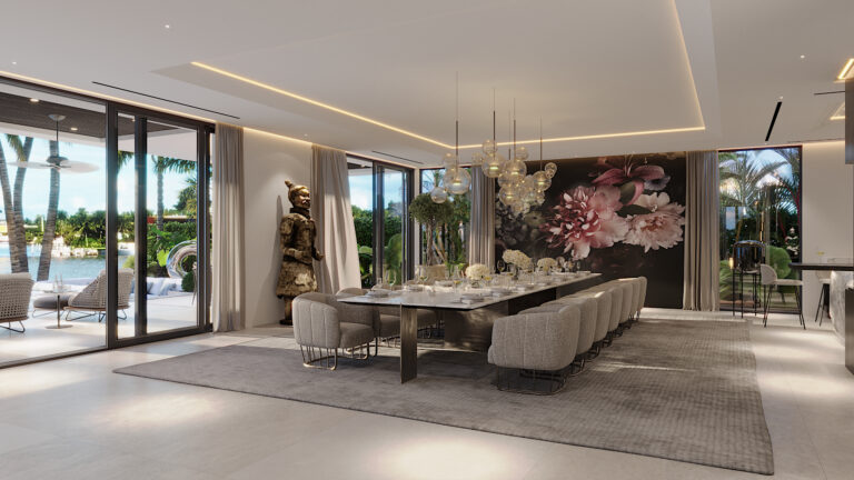 Visualisation of the great room with full-height windows facing the water